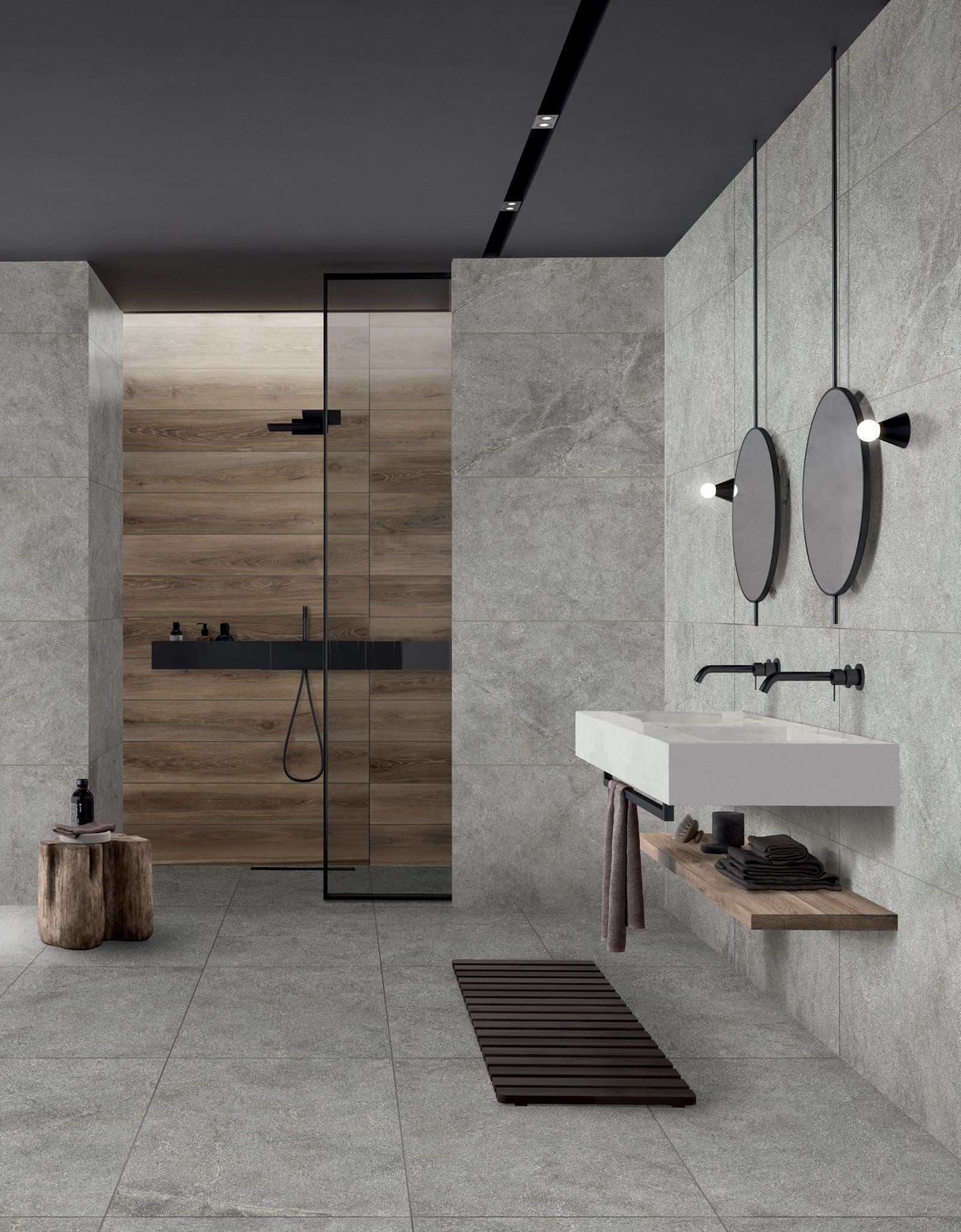 A grey toned bathroom featuring Atlantis tiles
