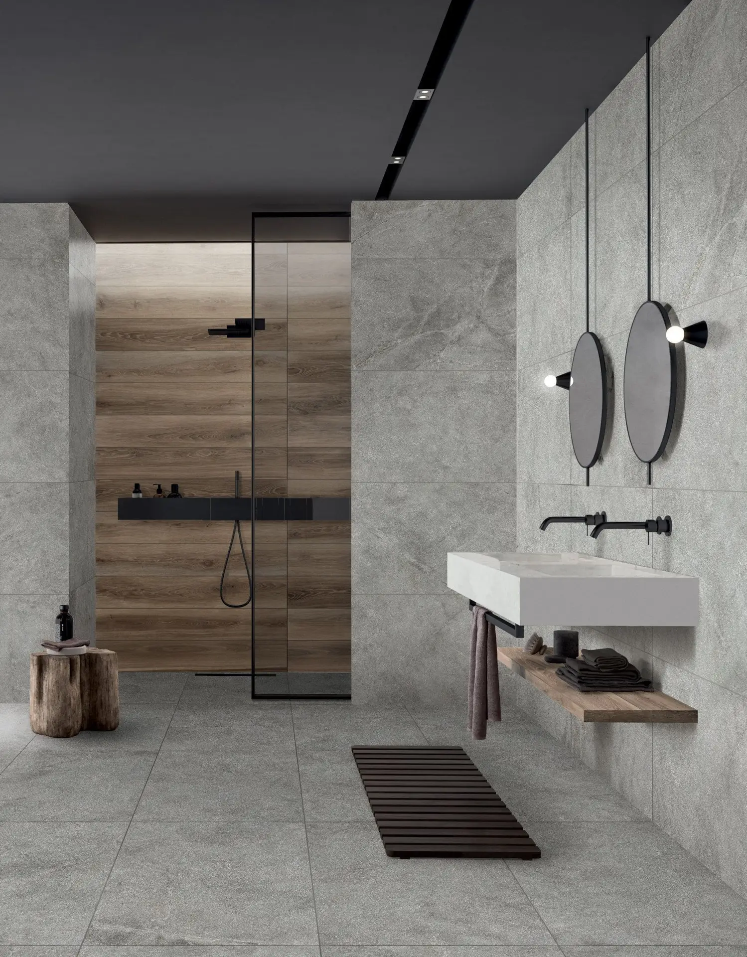 A grey toned bathroom featuring Atlantis tiles